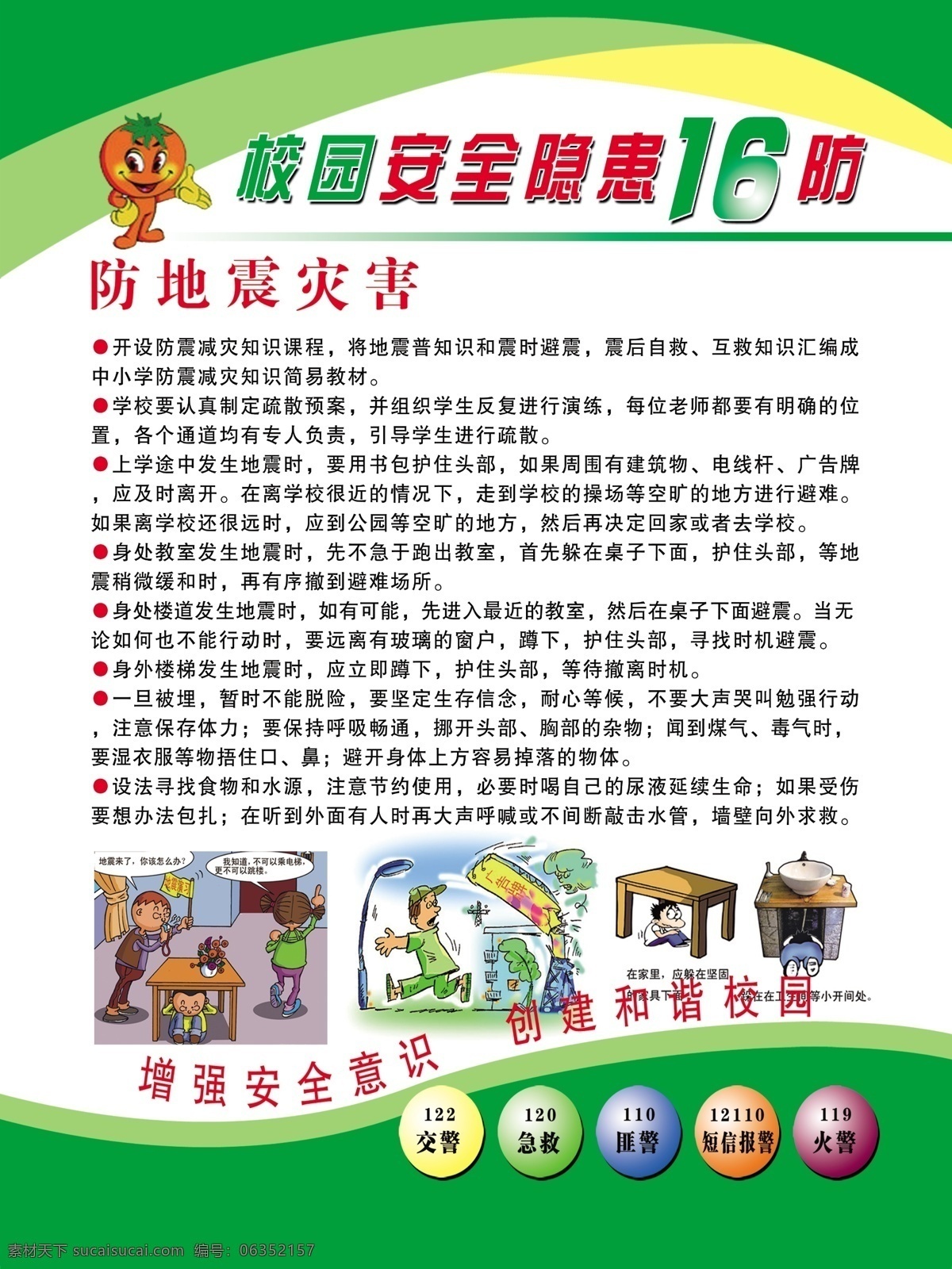 校园 安全 隐患 防 番茄卡通小人 防地震灾害 交警 急救 匪警 短信报警 火警 展板模板 广告设计模板 源文件