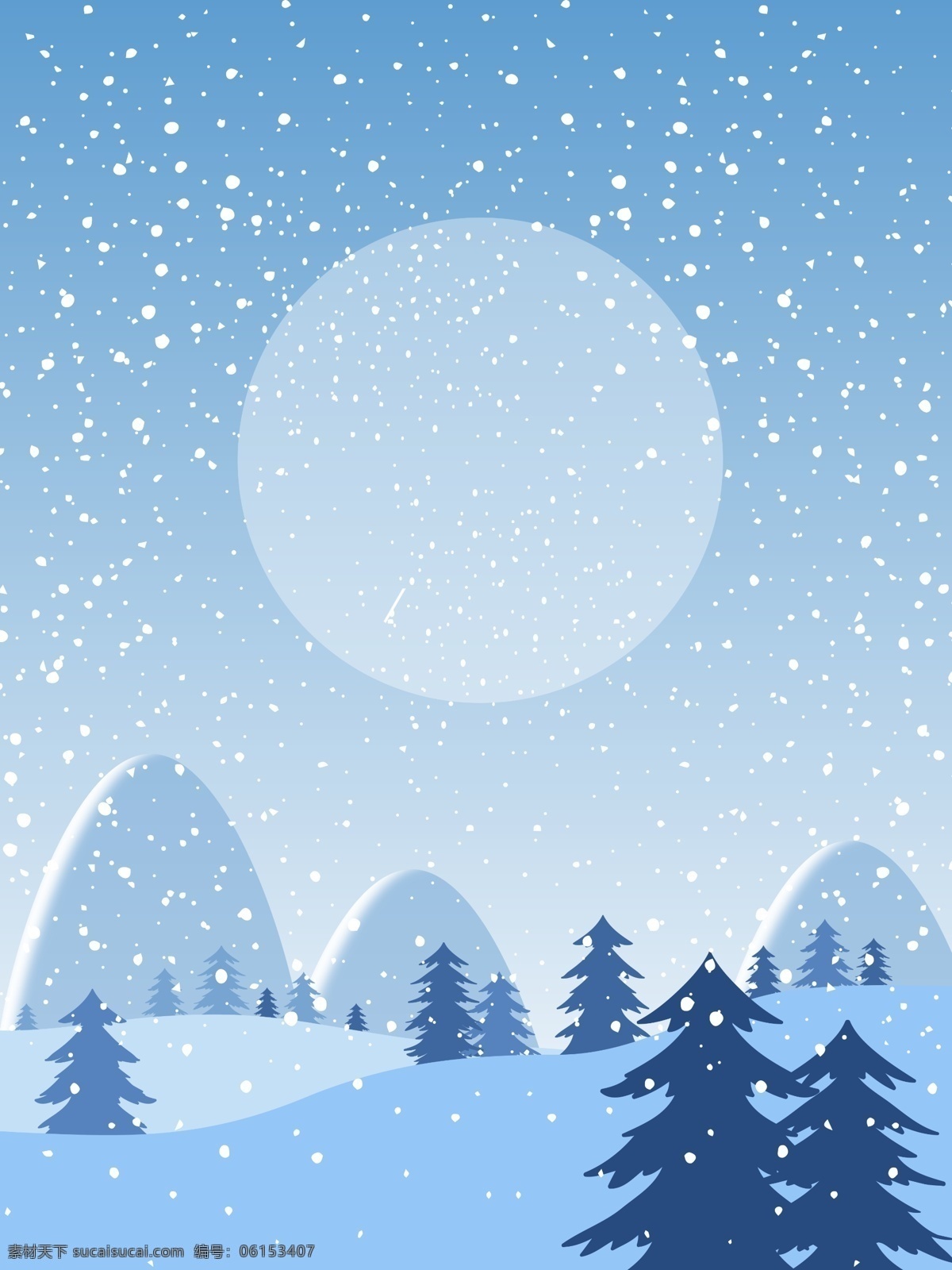 浪漫 雪景 松树 广告 背景 清新 山峰 月亮 树木 广告背景 手绘 雪点
