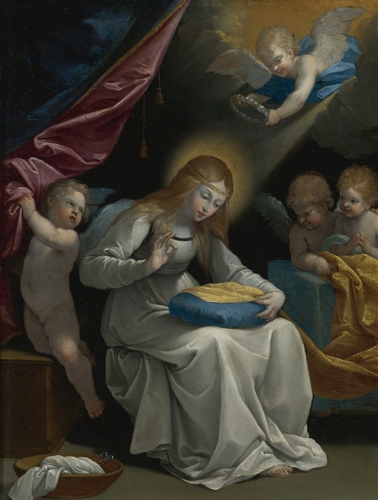 圣徙 圣经故事 女基督徙 祈祷 小天使降临 花环 宗教油画 古典油画 油画 文化艺术 绘画书法