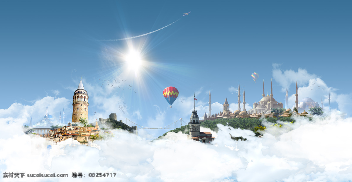 云层 中 城堡 热 汽 球 热汽球 阳光 蓝天 欧式建筑 城堡图片 风景图片