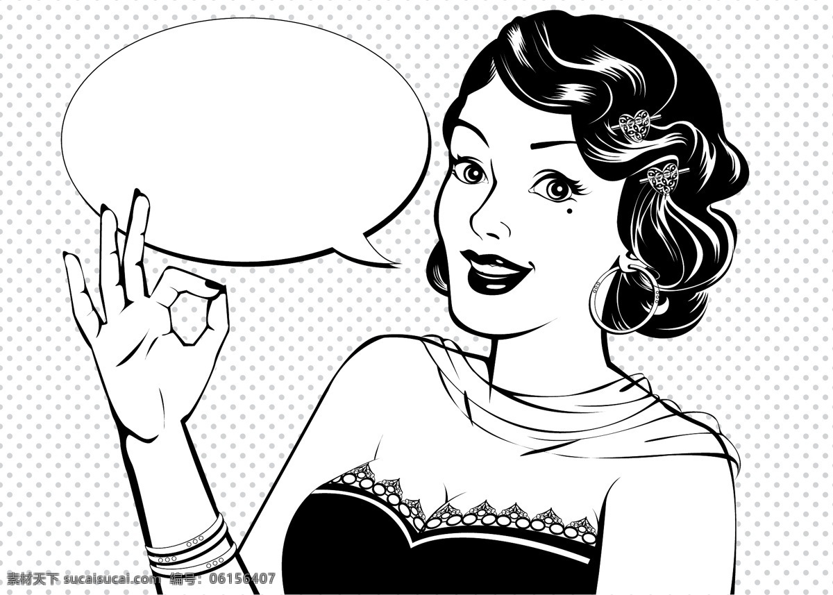 动漫 欧美 女性 对话 矢量 ok 手势 国外 黑白 人物 漫画 卡通 形象 手绘 对话框 分镜