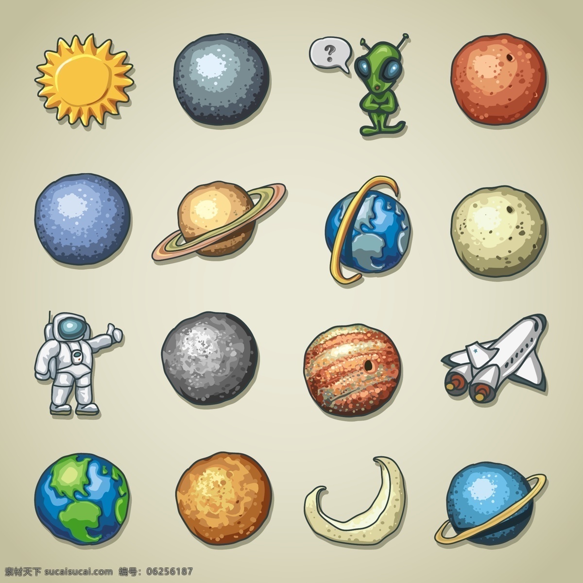 常用 星球 图标 彩色 卡通 icon 太阳 地球 宇航员 月亮 地球仪 飞船 复古 阅读 文件夹 笔记本 矢量 网页ui