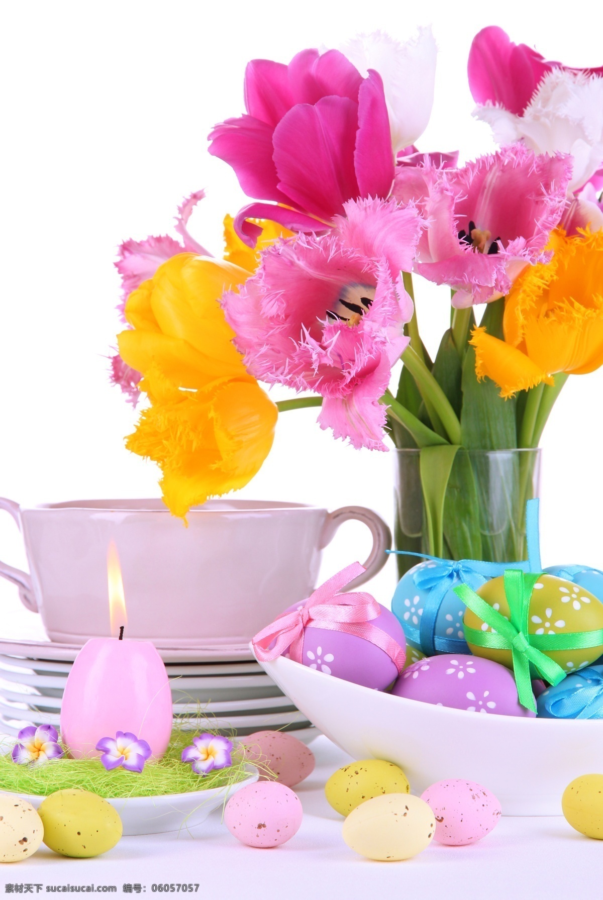 鲜花 彩蛋 复活节 复活节礼物 蜡烛 盘子 陶瓷杯 花朵 花卉 花草树木 生物世界