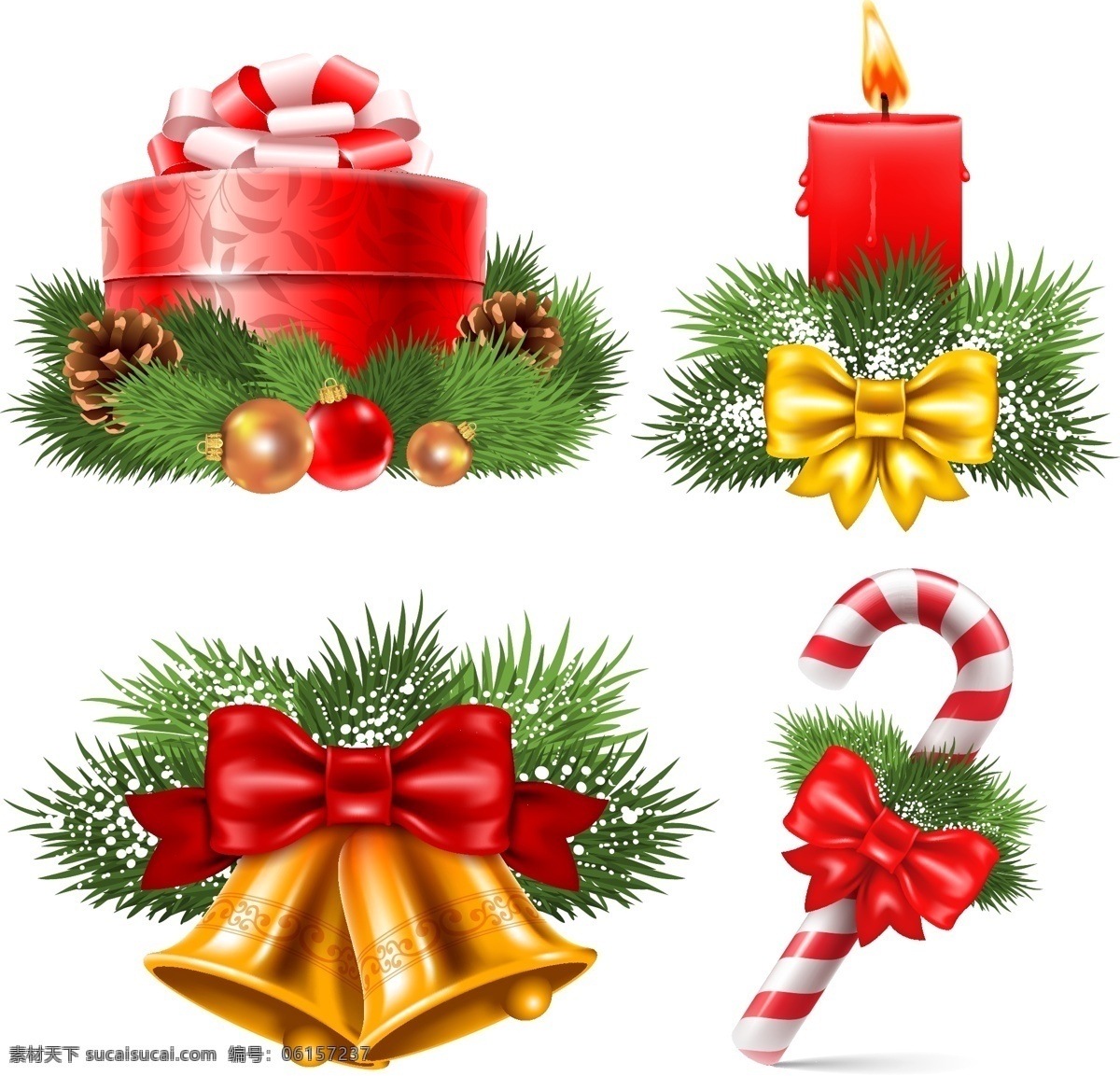圣诞节 挂失 蝴蝶结 蜡烛 礼物 铃铛 圣诞拐杖 圣诞球 松枝 节日素材