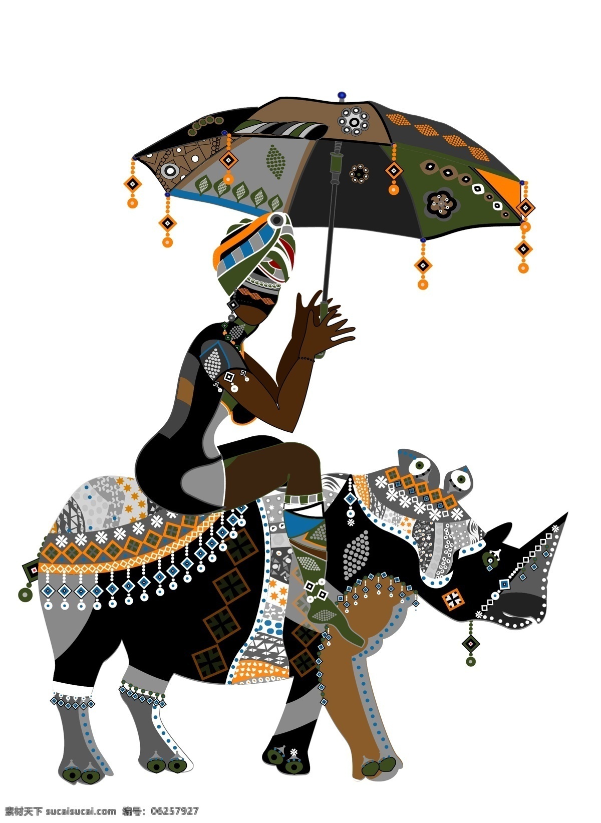 异域风情图案 犀牛 非洲土著花纹 非洲美女 印度女郎 妇女女性 矢量人物 矢量