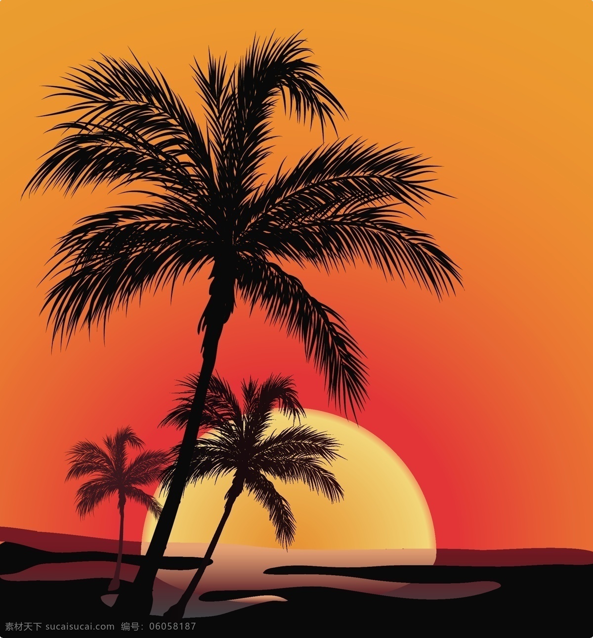 模型 矢量 日落 海滩 椰子 阴影 黄昏 椰子树 夕阳的剪影 矢量图 花纹花边