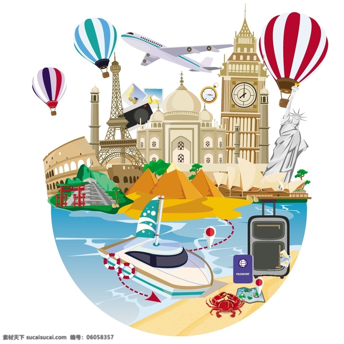巴黎 旅游 创意 夏日 插 画风 海滩 建筑 风景 海边 旅游素材 气球 自然景观 自然风光