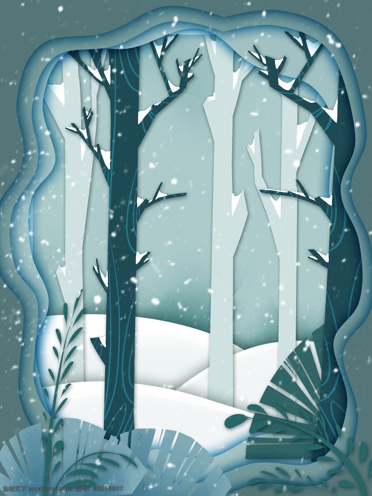 剪纸 风 冬季 雪地 树林 背景 背景图 创意 剪纸风背景 广告背景 背景设计 彩绘背景 psd背景 背景展板图