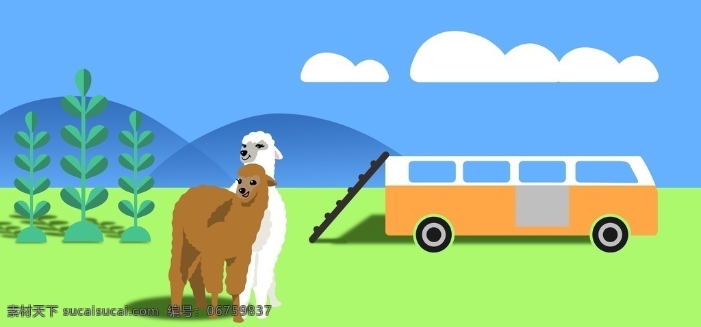 羊驼图片 背景 羊驼 插画 蓝天白云 车 分层 背景素材