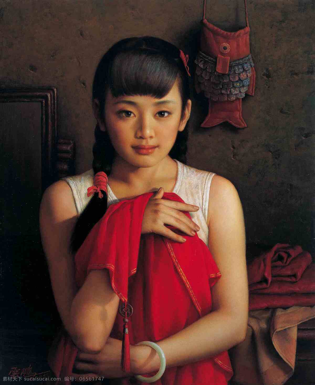 少女 青春年华 夏季 麻花辫子 双手捧 红色丝巾 现代油画 油画 文化艺术 绘画书法