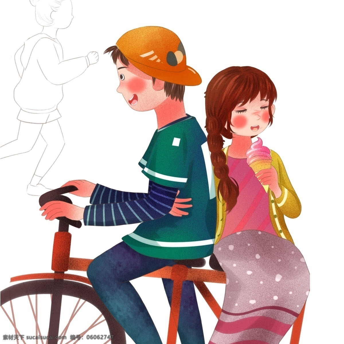 彩绘 骑 自行车 约会 小 情侣 人物 彩色 卡通 手绘 插画 小情侣 骑自行车 冰激凌