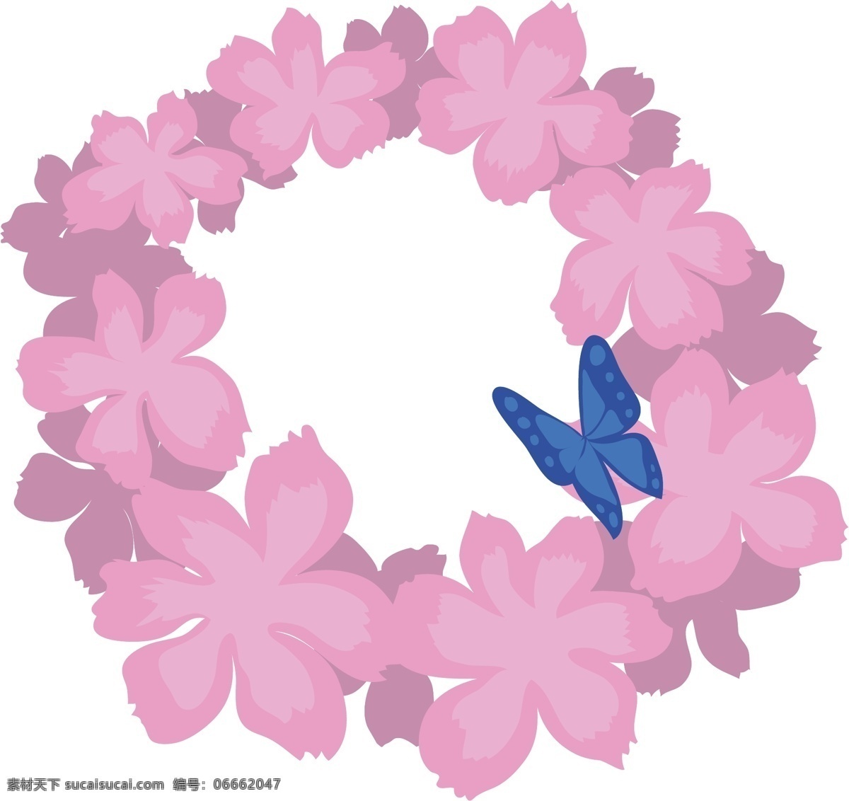 粉色 花朵 花环 插画 粉色的花朵 卡通插画 鲜花插画 花环插画 花朵插画 花瓣插画 蓝色的蝴蝶