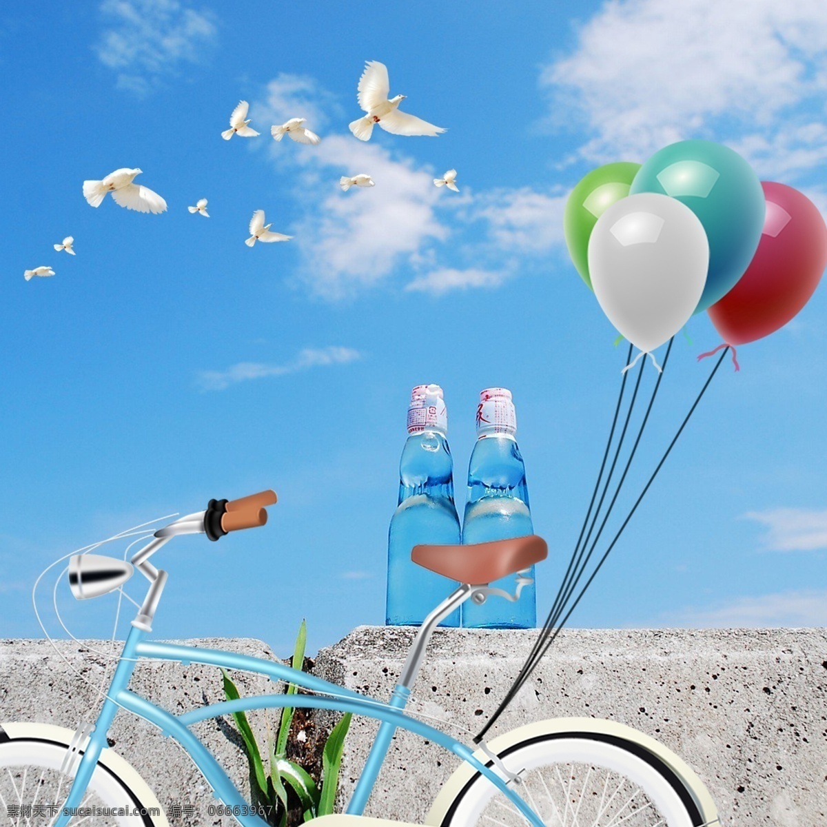 蓝天 白云 鸽子 自行车 气球 蓝天白云 自行车气球