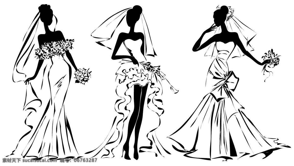 手绘 婚纱 新娘 矢量素材 矢量图 设计素材 创意设计物 黑白 矢量 高清图片