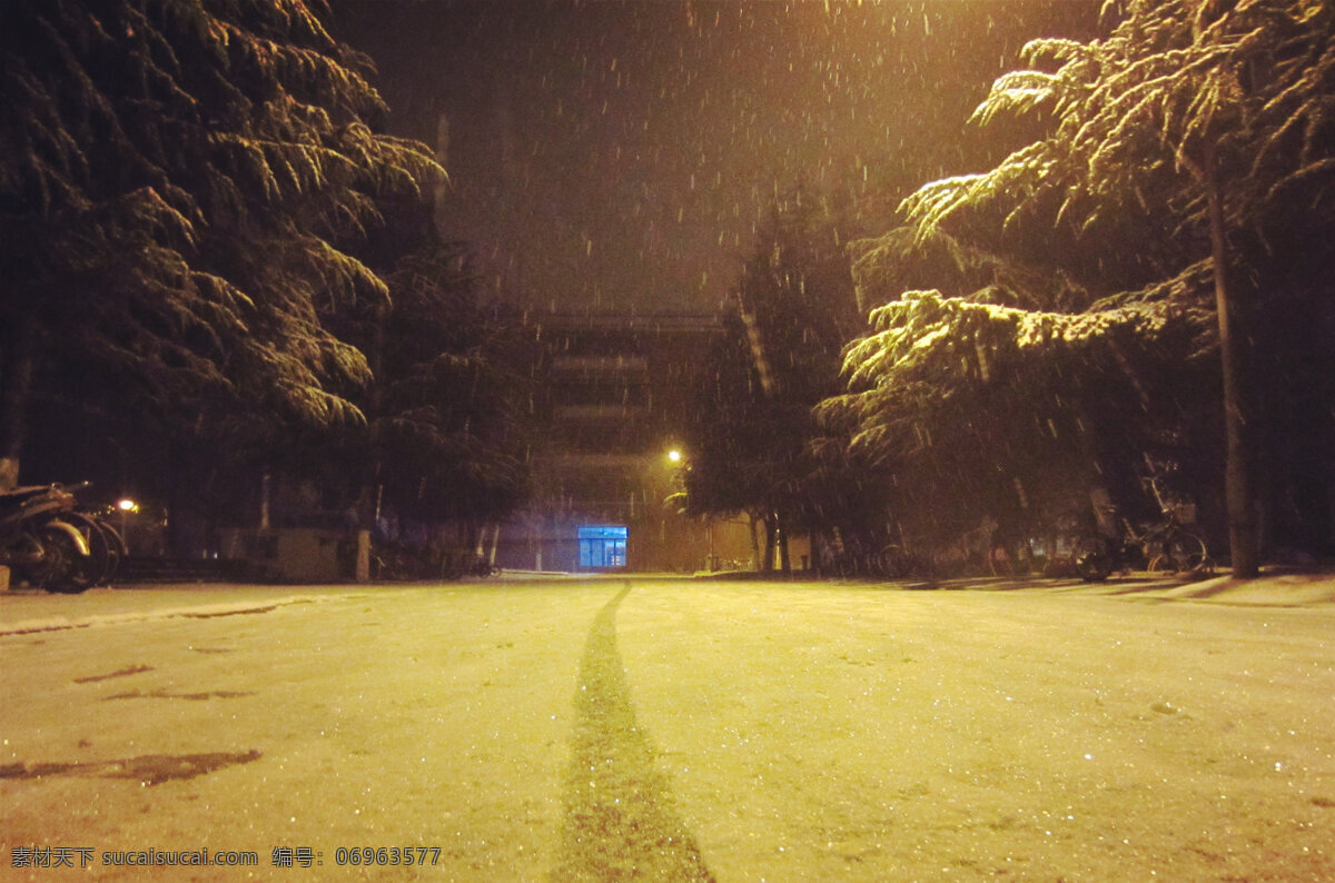 静谧的雪夜 静谧 雪 夜晚 灯光 道路 自然景观