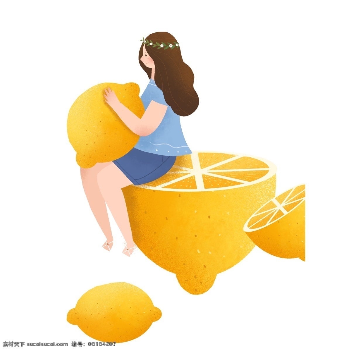 手绘 坐在 柠檬 上 精灵 女孩 卡通 唯美 插画 清晰 女生 少女 人物设计