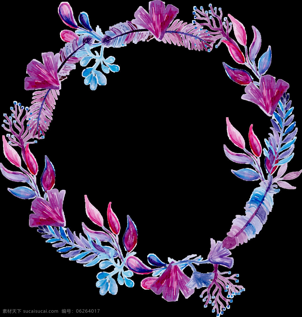 浪漫 紫色 花朵 手绘 花环 装饰 元素 花瓣 花环图案 圆形花环 紫色花朵 紫色树叶