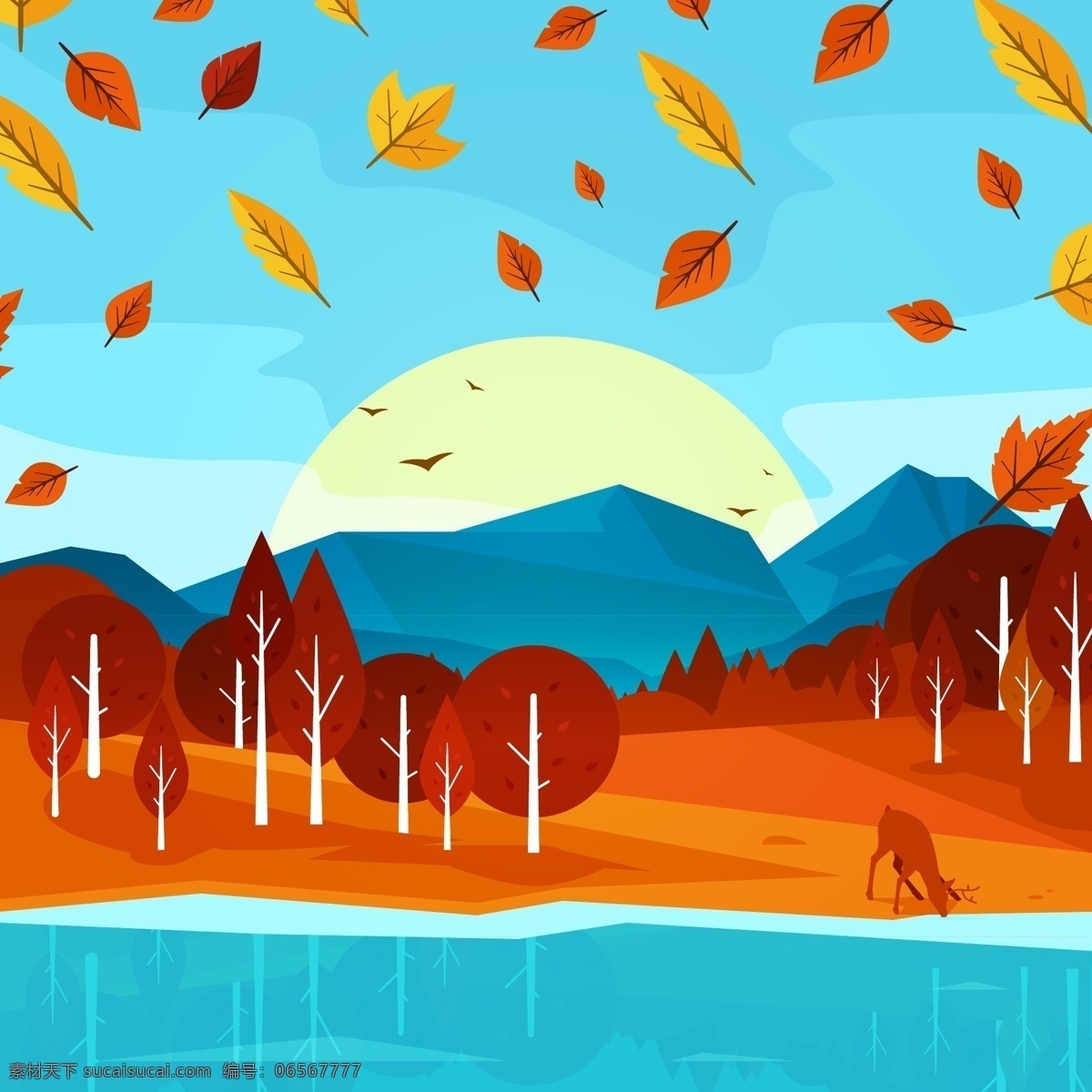 秋天 里 风景 插画 场景 大山 自然 红叶 河面 落叶