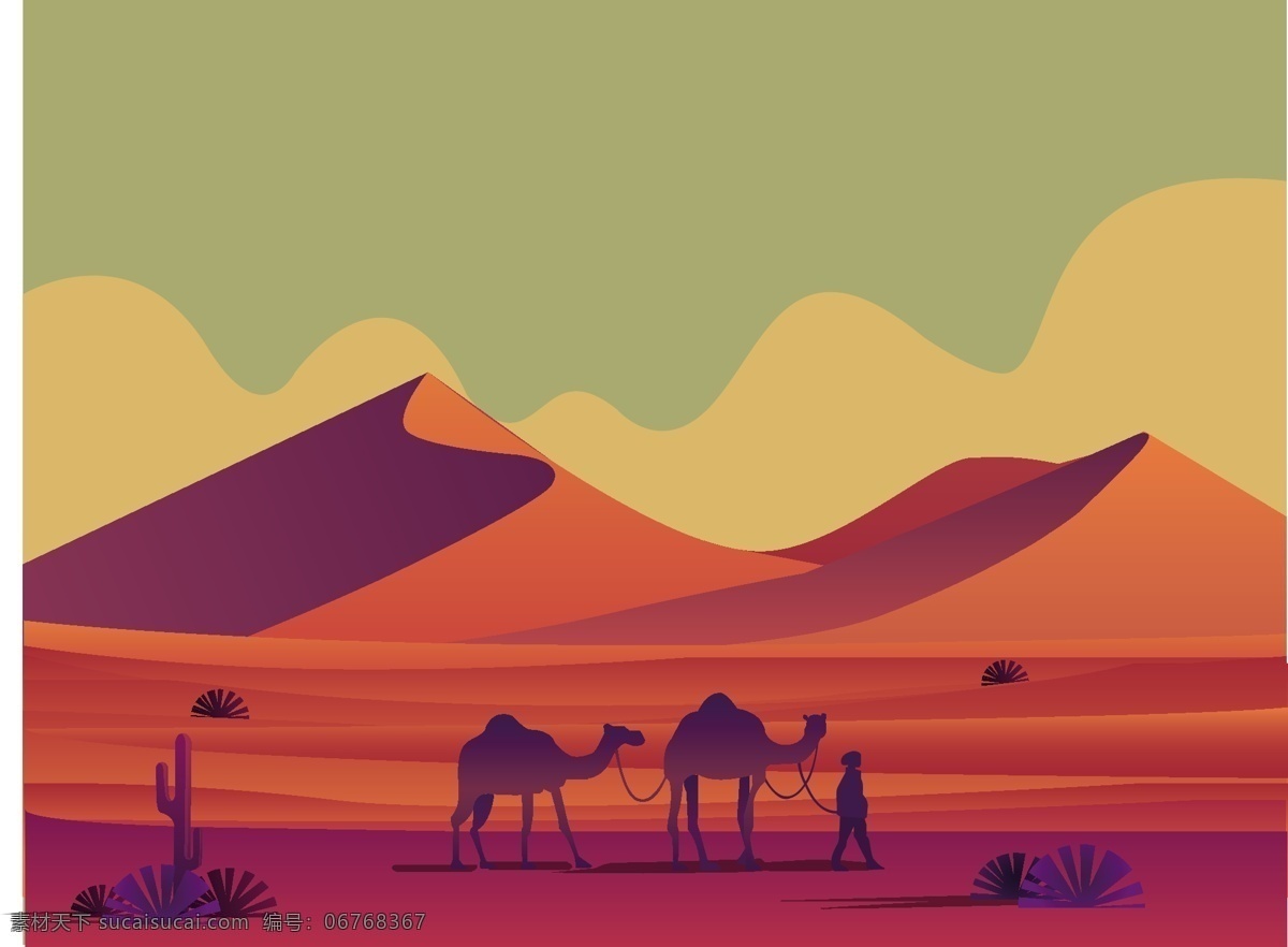沙漠旅人 沙漠 骆驼 插画 矢量 风景 动漫动画 风景漫画
