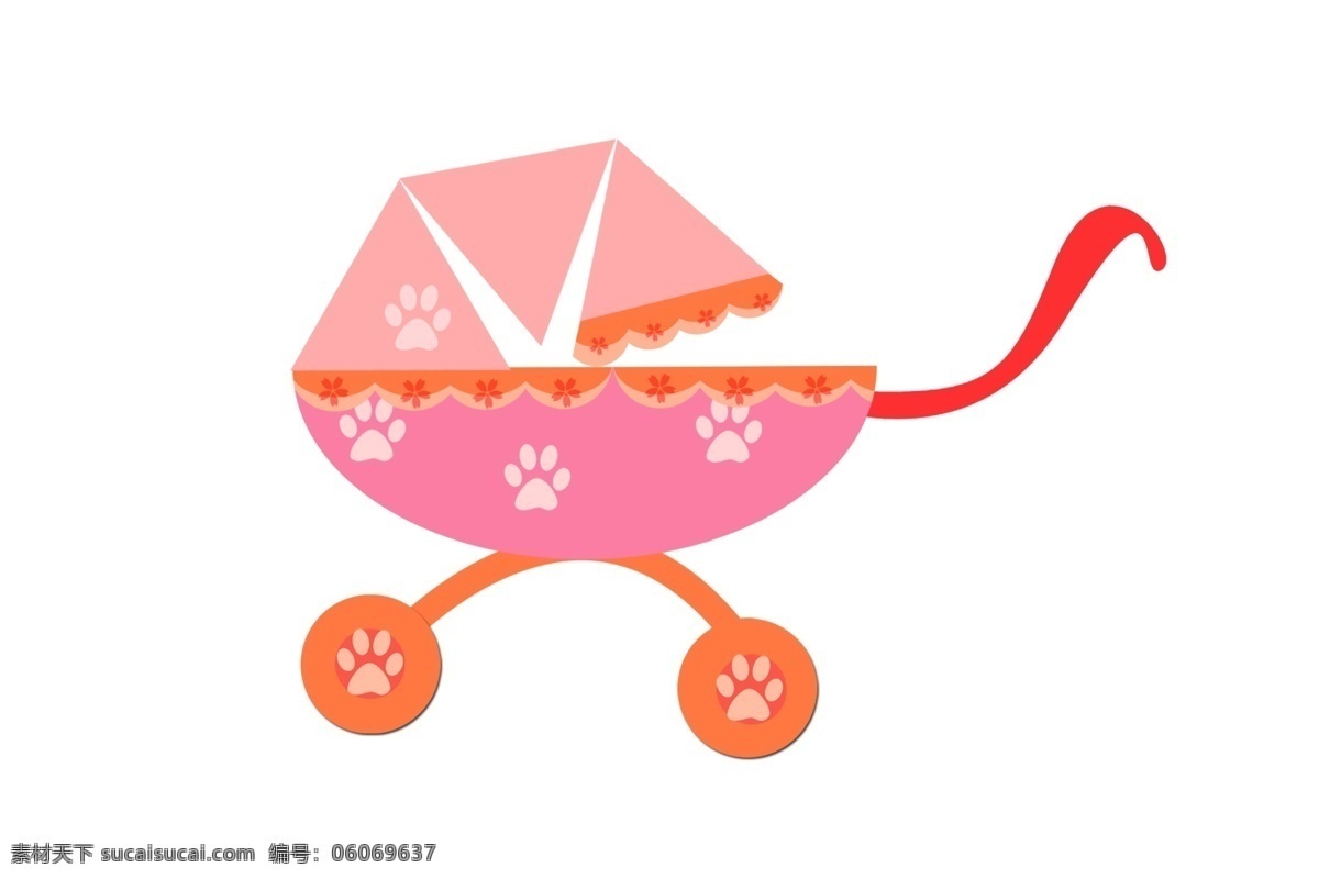 儿童用品 婴儿车 插画 白色的脚印 卡通插画 儿童用品插画 粉色的婴儿车 棕色的车轮 手绘