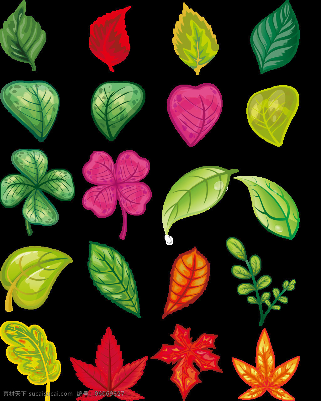 手绘 小 清新 彩色 叶子 绿叶 植物 装饰 元素 小清新 枫叶 幸运草 四叶草 水珠
