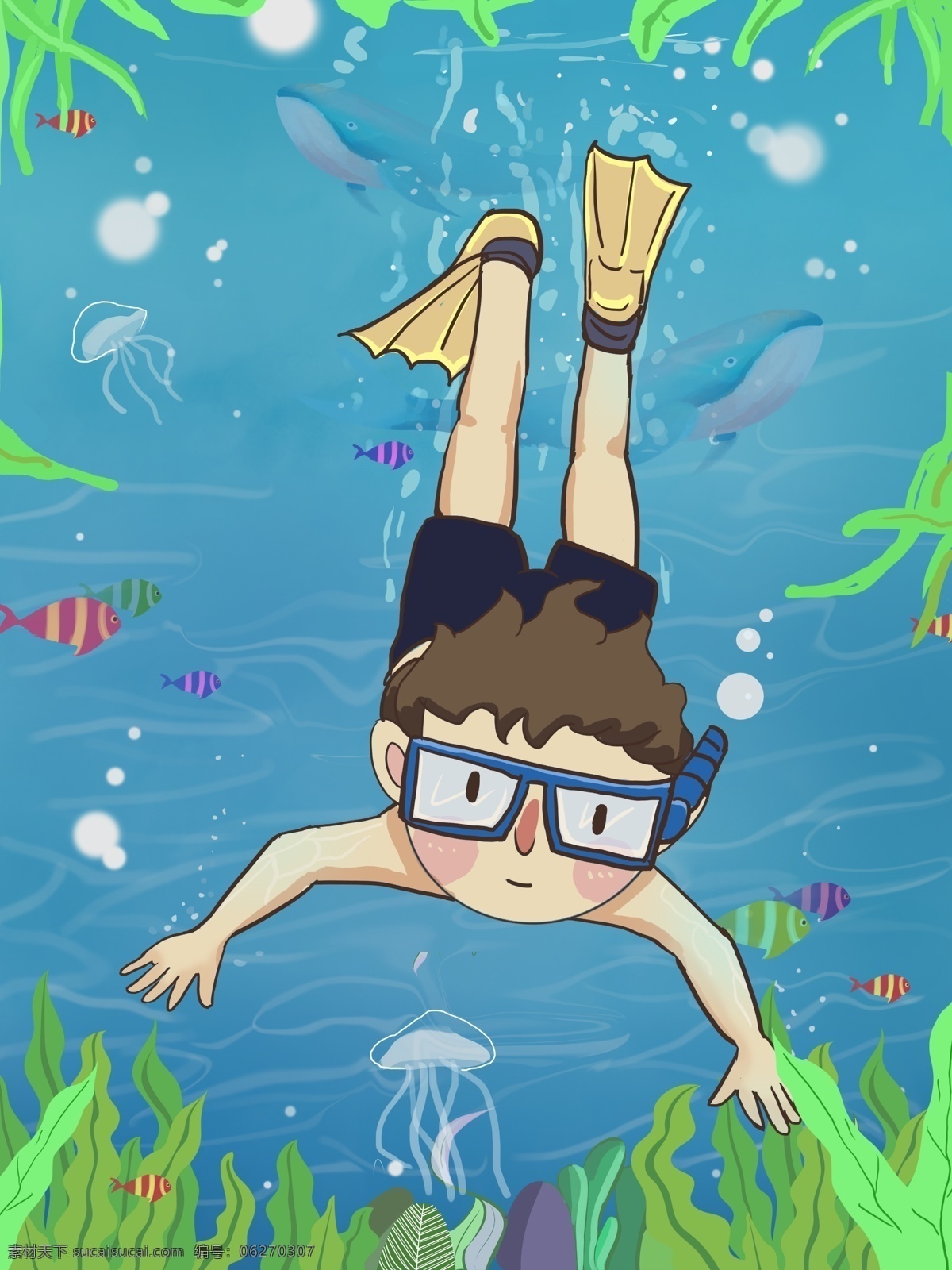 世界 海洋 日 男孩 潜水 插画 世界海洋日 海洋日 保护海洋 深海 蓝鲸 男孩潜水