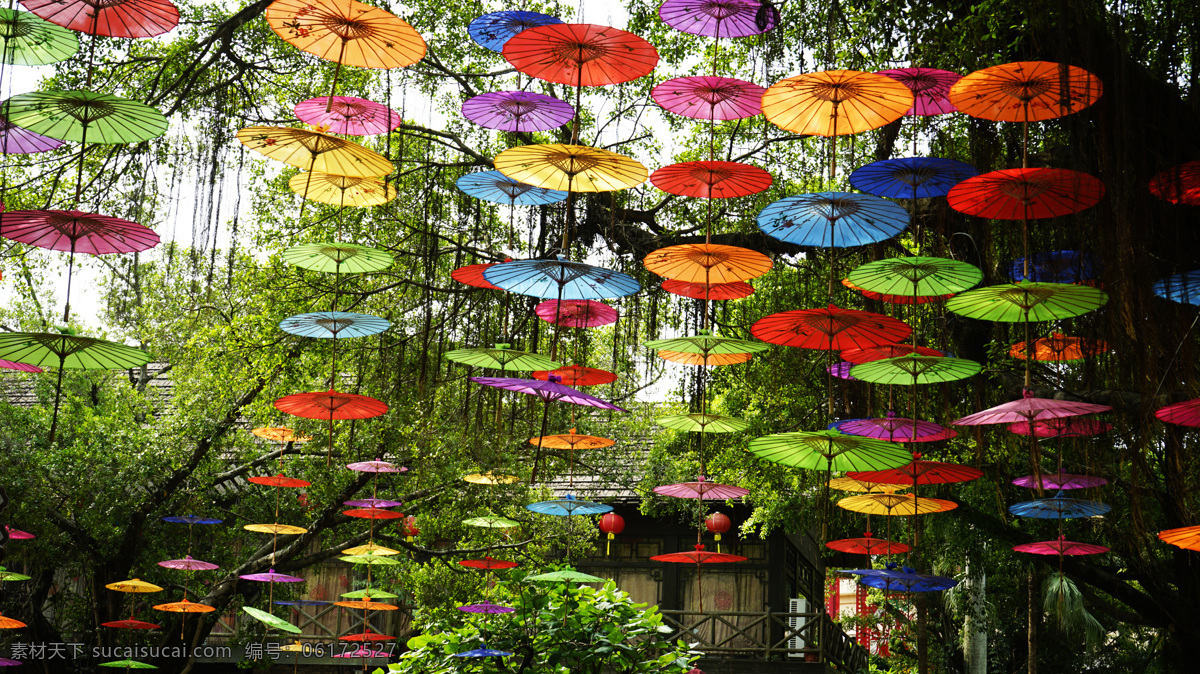 大片 悬挂 油纸伞 中国园林摄影 姹紫嫣红 绿树成荫 房屋 风景摄影 建筑园林