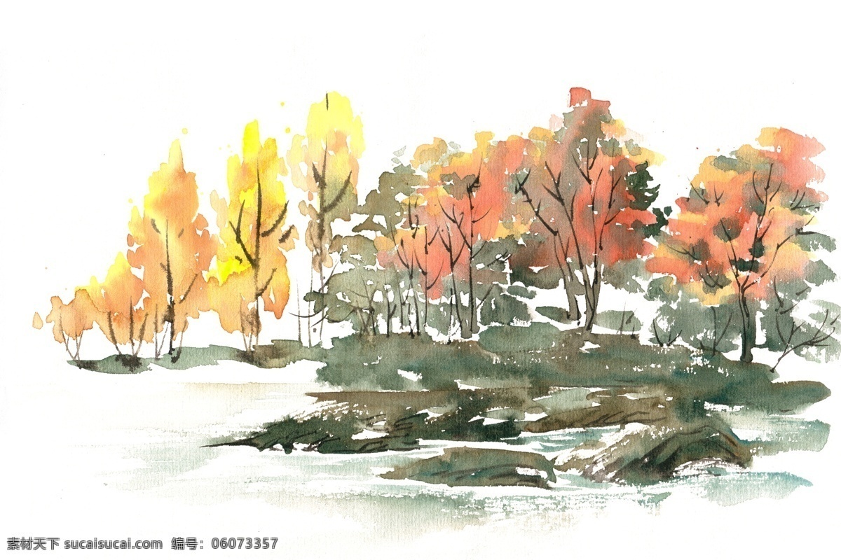 秋天 树林 水彩画 免 抠 水彩 透明 手绘 风景 河畔 岸边 秋色 树木 枝头 金色 写意 免抠 亮丽 清幽 意境 绘画 逼真 写实 简约