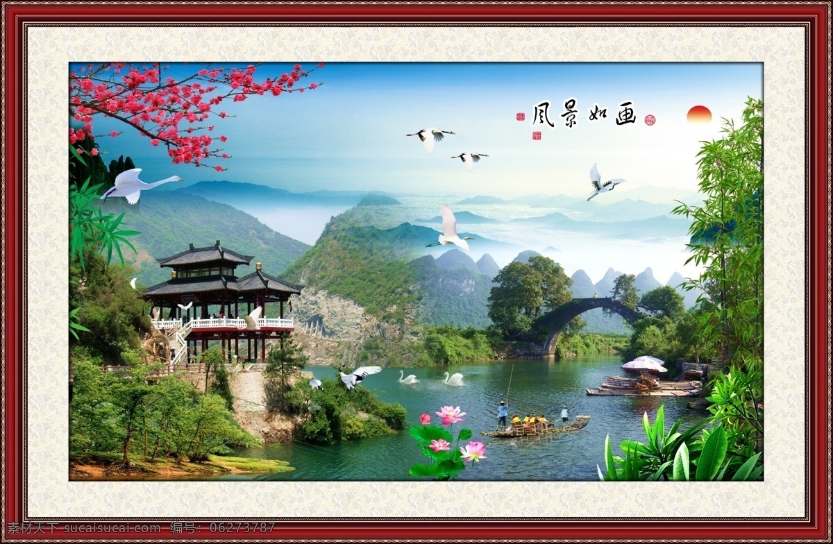山水画 壁画 大厅画 风景 风景画 风水画 家居装饰画 客厅画 瀑布 瀑布风景 山水 中堂画 山水风景 自然风景 仙鹤 室内装饰画 室内装饰 家居装饰素材 山水风景画