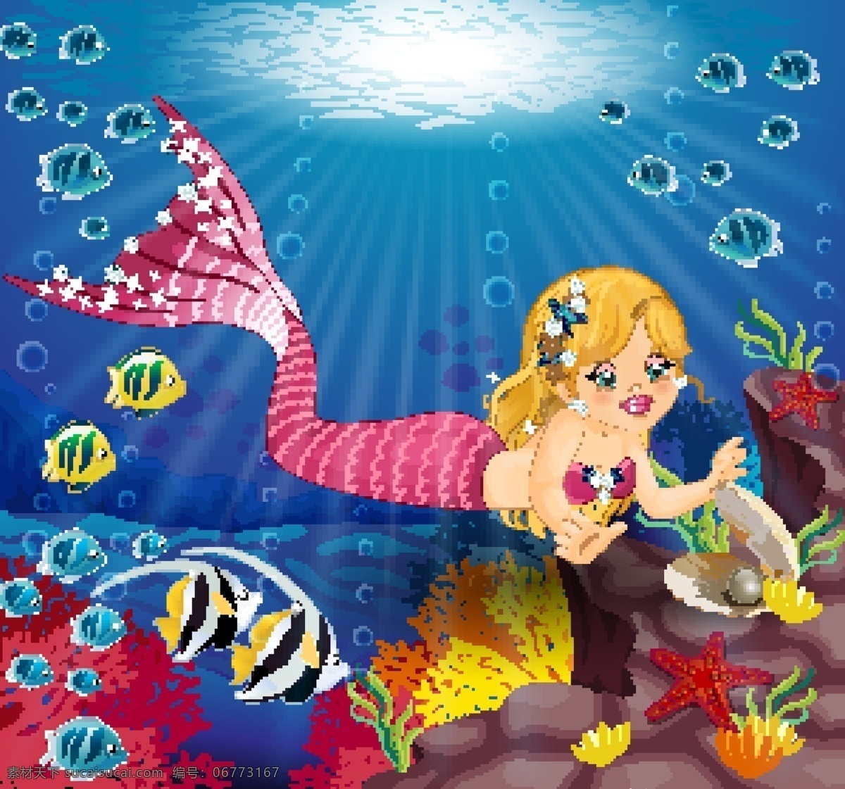 手绘 可爱 卡通 美人鱼 海底 世界 插画 海底世界 动漫动画 动漫人物