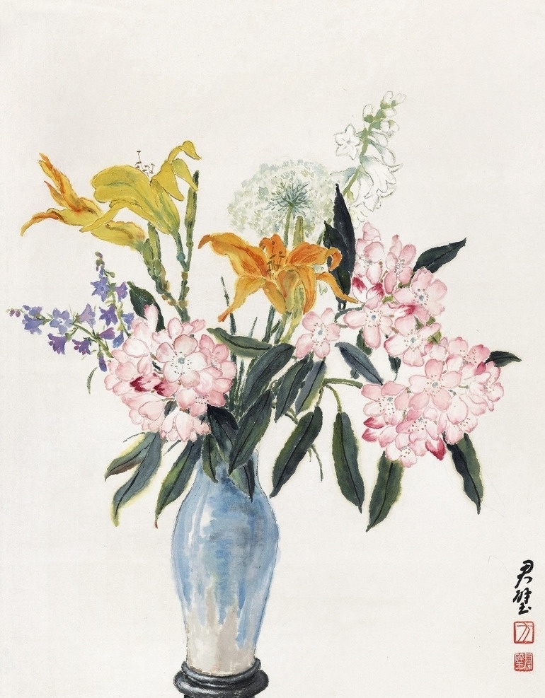 瓶花 方君璧作品 混搭鲜花 玉簪花 蒲公英 中国古代画 中国古画 文化艺术 绘画书法