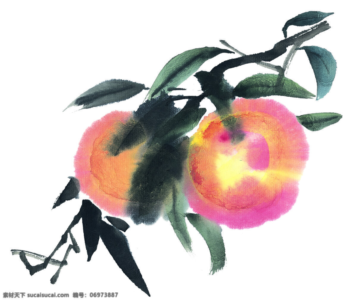 水果 水墨 工笔 国画 绘画 墨染 桃子 写意 艺术 中国画 文化艺术