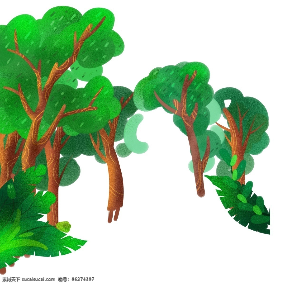 手绘 植物 树木 树林 绿色 水彩画 插画 绘画 卡通 彩色 创意 精致精美 绘画手稿
