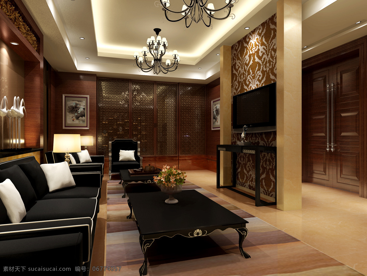 吊灯 高档 环境设计 酒店 客房 效果图 靠垫 欧式 设计素材 模板下载 沙发 室内设计 装饰素材