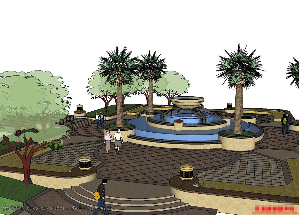 欧式景观模型 广场 园林 景观设计 喷泉 盆子 水 skp 3d模型 中心广场 树木 园林设计 室外 小区广场 悠闲 花坛 绿化带 白色