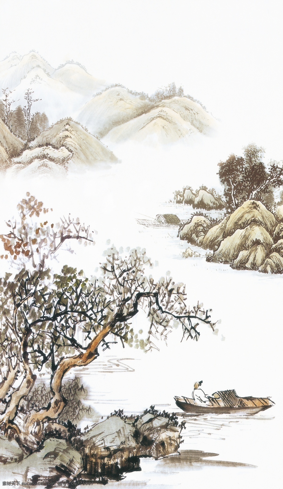 船 风景 风景画 工笔画 国画 河水 绘画书法 山 设计素材 模板下载 水 山水 水墨 树 山水画 小船 文化艺术 装饰素材 山水风景画