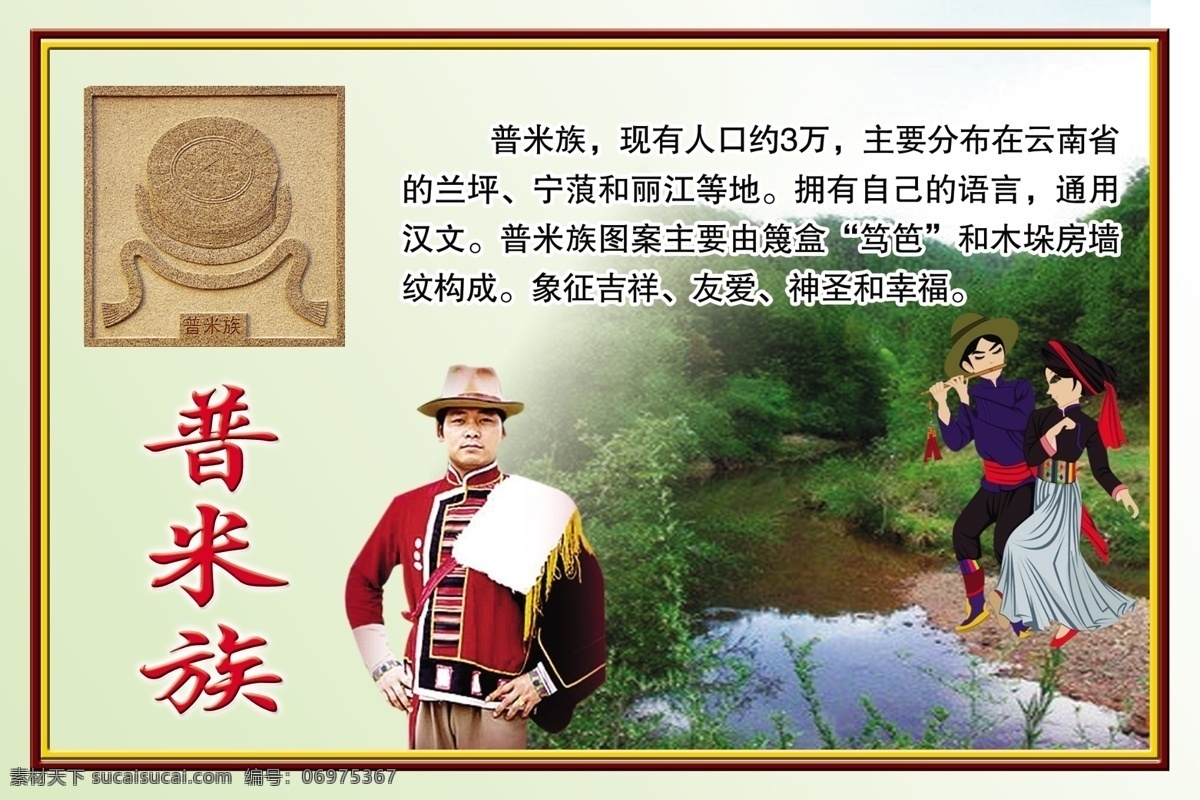 普米族 文字 简介 民族标志 山水 服饰 源文件 广告设计模板