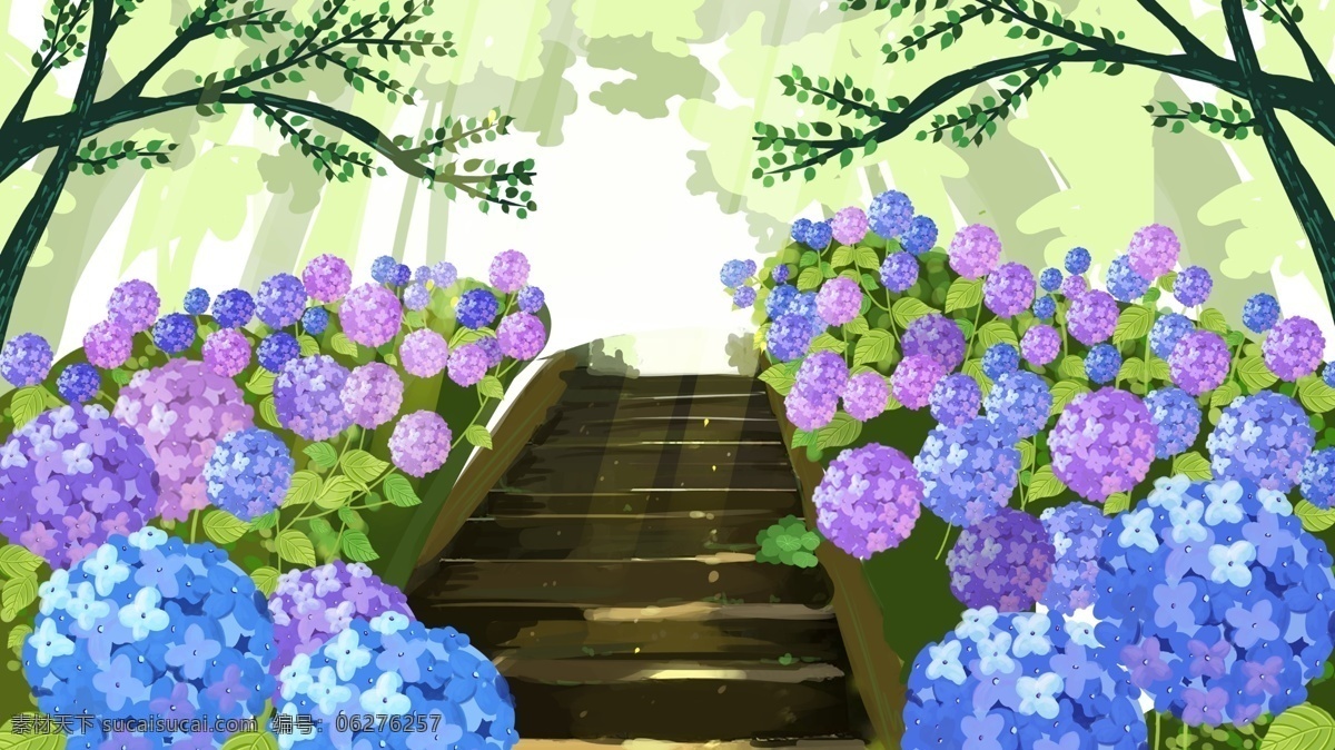 绿色 森林 阶梯 绿荫 背景 花朵 花坛 自然 浪漫