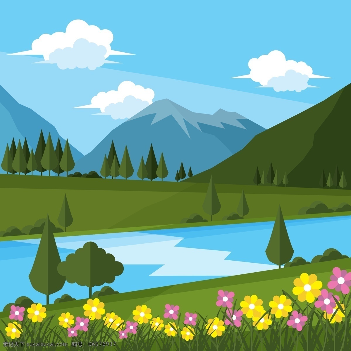风景地形 自然风光 矢量风景图 大自然 自然风光背景 桌面壁纸 背景海报 壁画 装饰画 高山流水 山河大川 草地 山峰 春天 地形地貌 自然地形 蓝天白云 田园风光 树木 森林 卡通设计