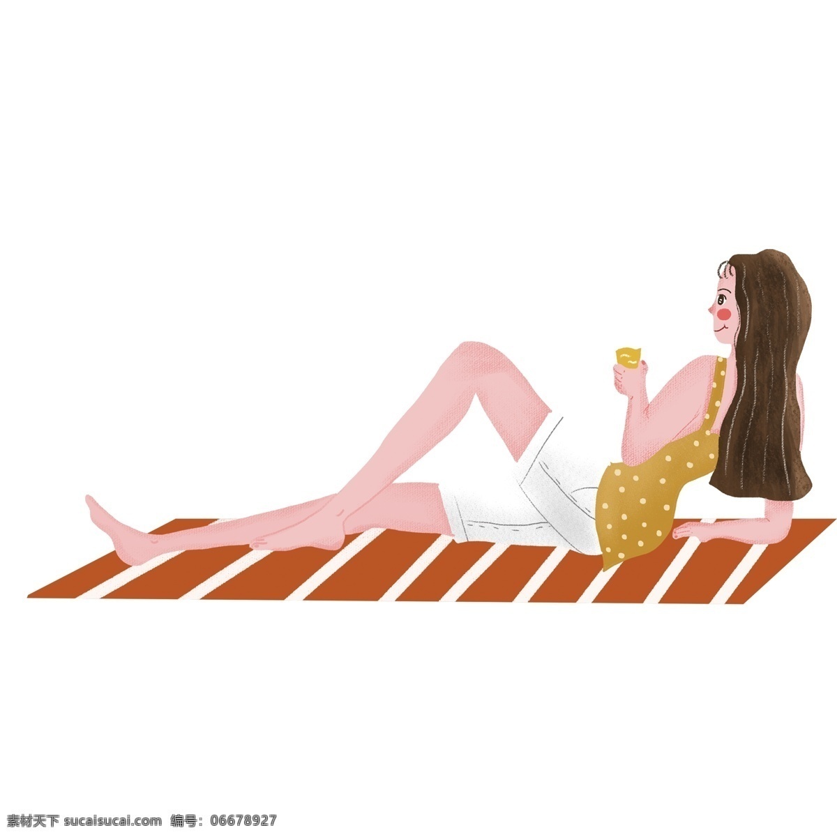 卡通 手绘 躺 沙滩 上 女孩 人物 插画 度假 美女 夏季 喝啤酒