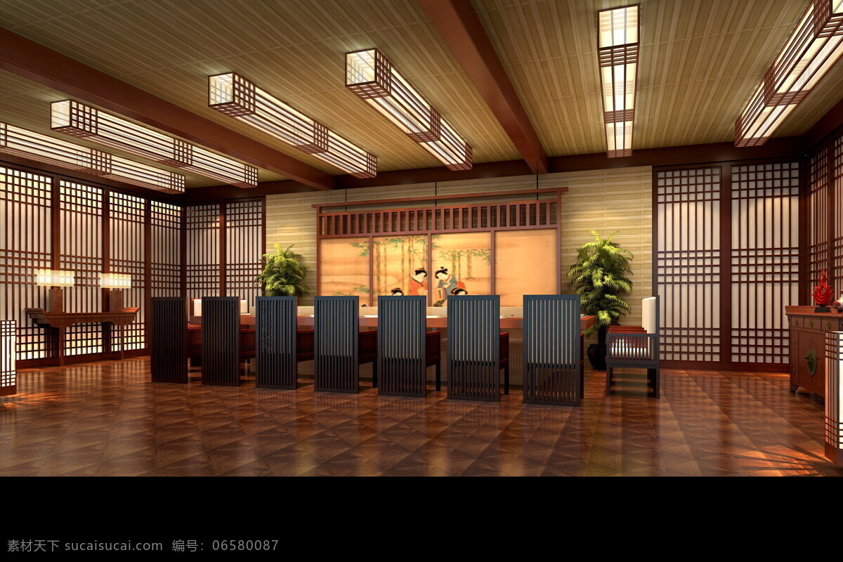 餐厅 3d设计 3d作品 背景墙 餐桌 工装 酒店 日式 天花 装饰素材