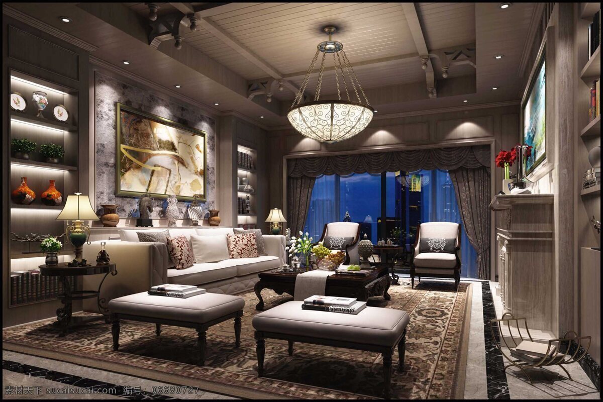 欧式 风格 客厅 闪亮 墙面 装饰 室内装修 效果图 瓷砖地板 深褐色地毯 客厅装修 半圆吊灯