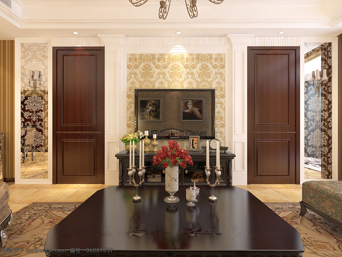 美式 家装 效果图 木质 黄色 地面 客厅 跌级吊顶 隐形门 电视背景墙 室内设计 环境设计