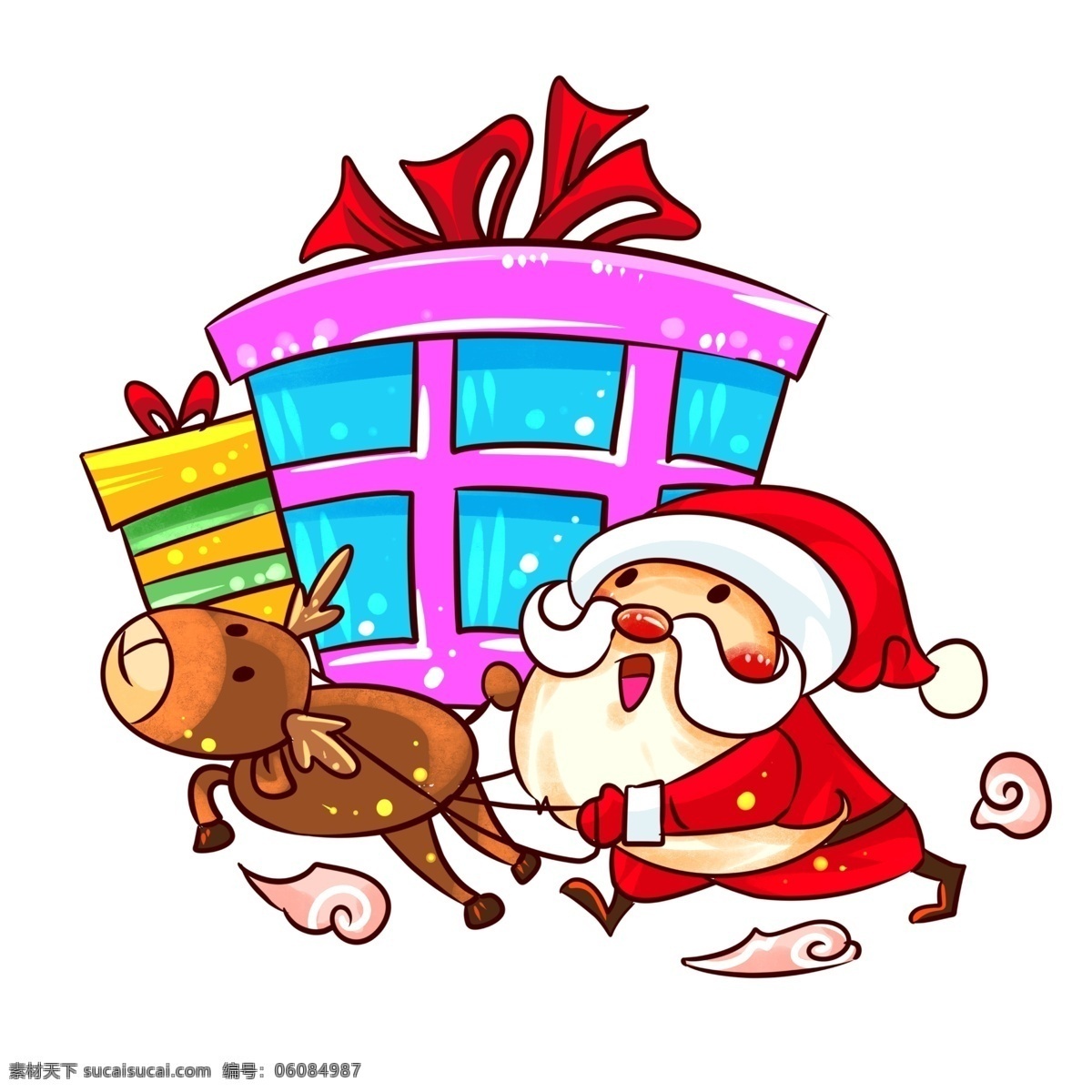 圣诞节 圣诞老人 麋鹿 手绘 插画 手绘送礼物 礼物 圣诞节雪人 雪人 收礼 物 小朋友