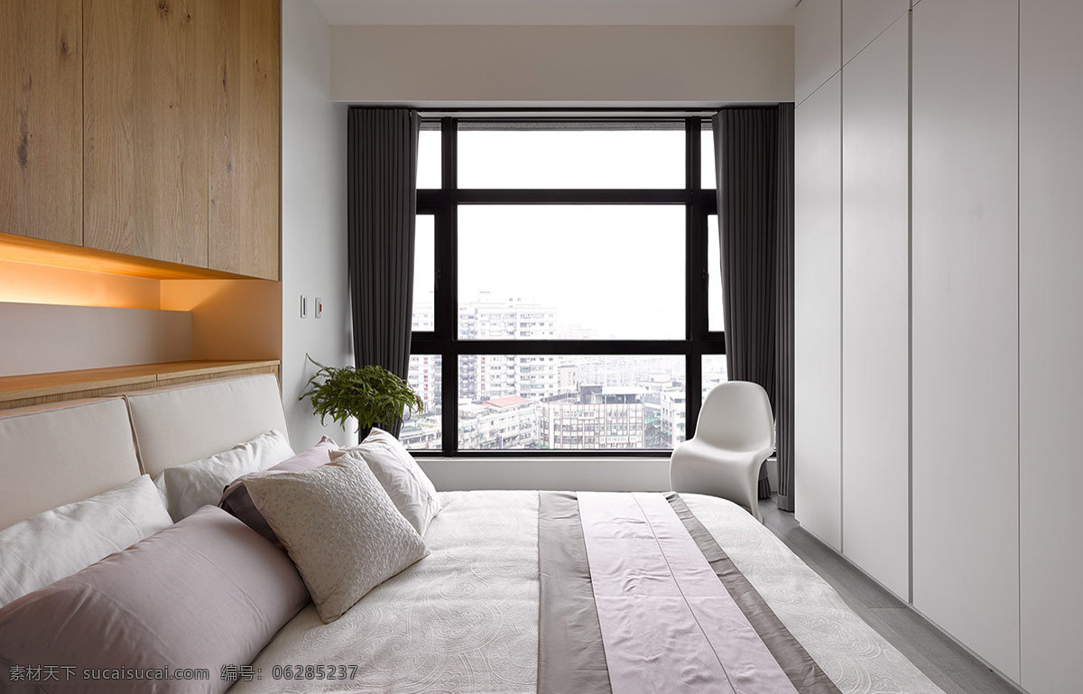 简约 卧室 飘 窗 装修 效果图 方形吊顶 灰色窗帘 米色衣柜