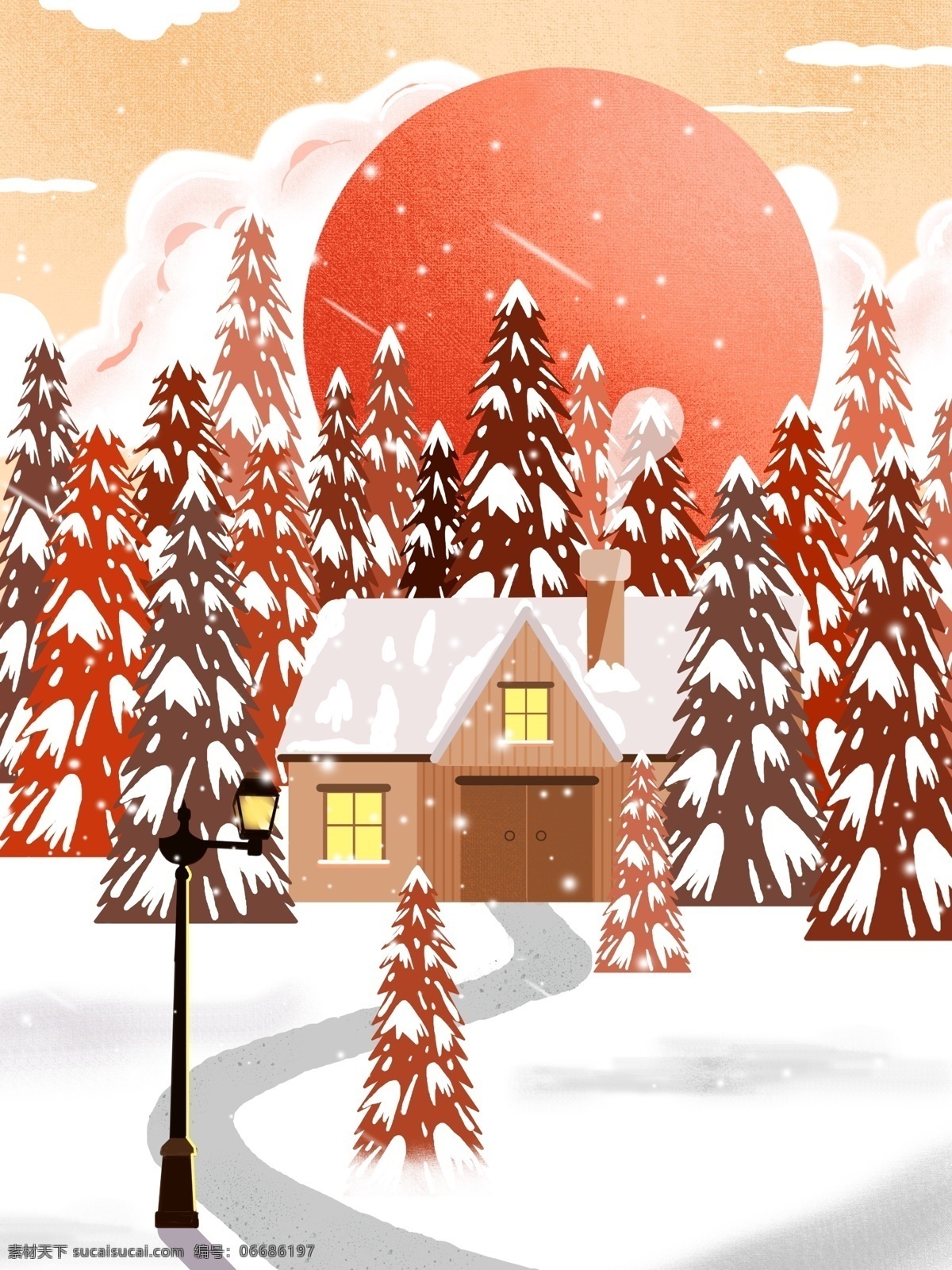 冬季 下雪 树林 背景 圆月 路灯 雪地 雪景 唯美 手绘背景 特邀背景 促销背景 背景展板图 背景图 创意