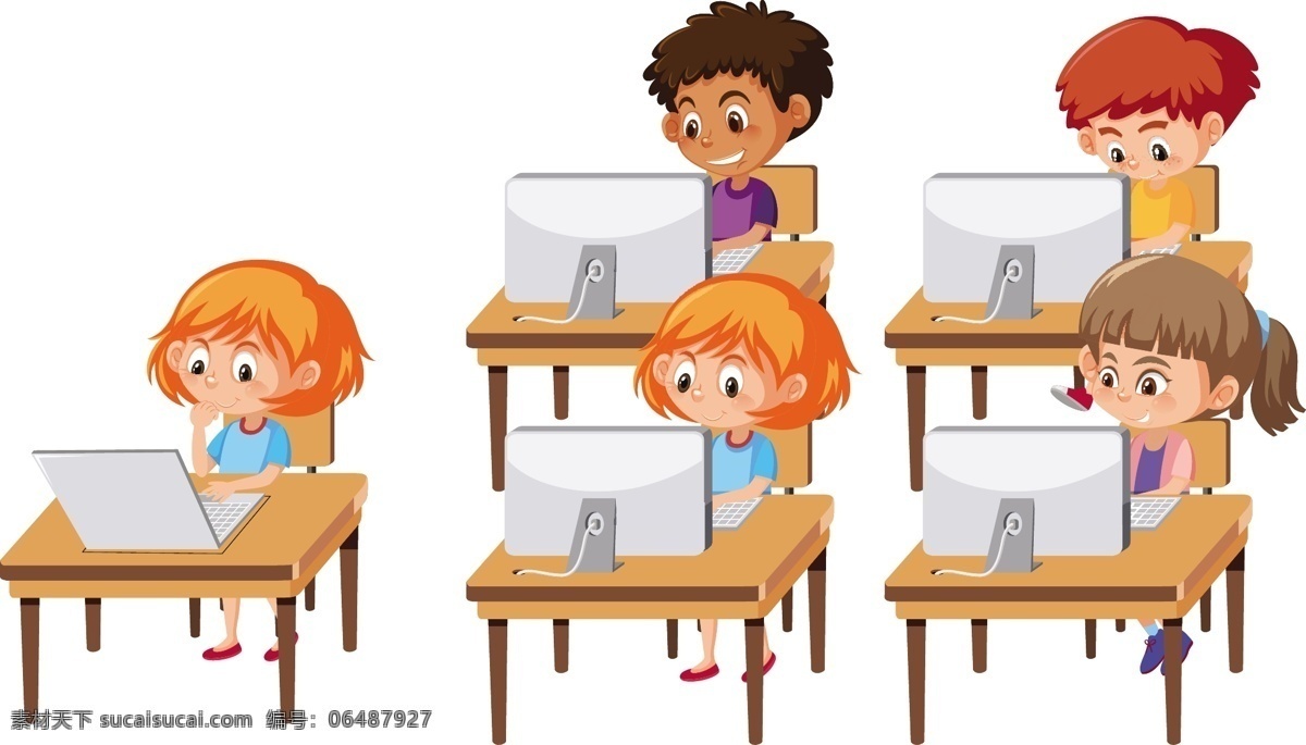 卡通学生 电脑 课桌 电脑桌 看电脑 学电脑 学生素材 儿童 男生 女生 开学教育素材 卡通设计