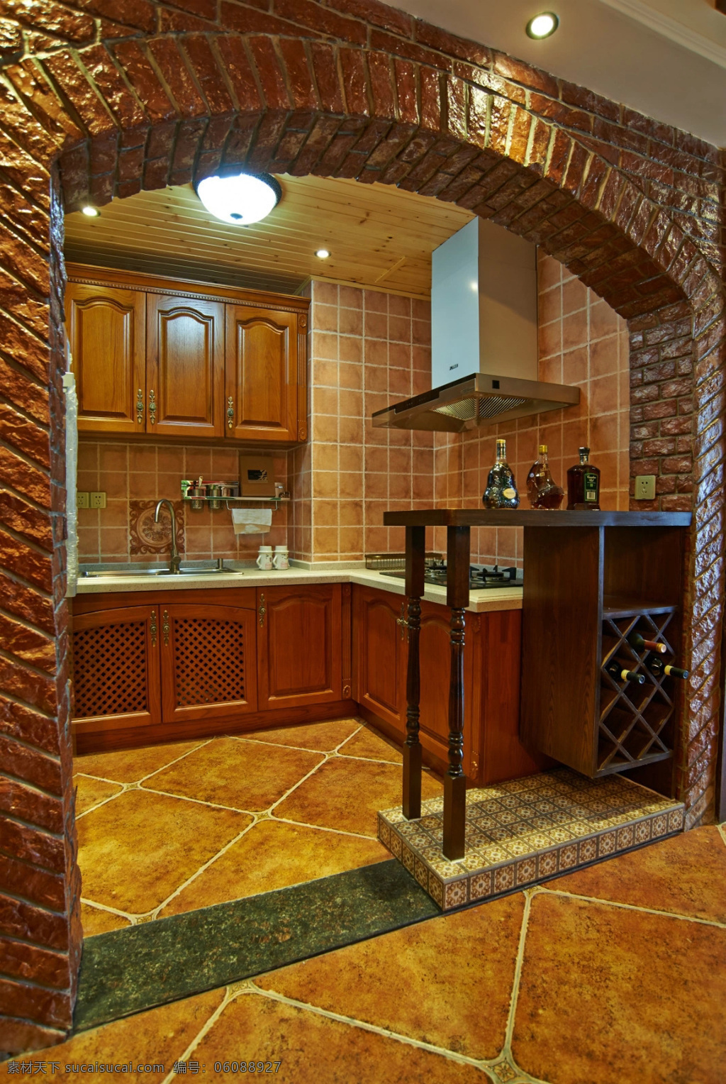 复古 风 室内设计 厨房 拱门 效果图 简约 料理台 红木家具 吧台 现代 家装
