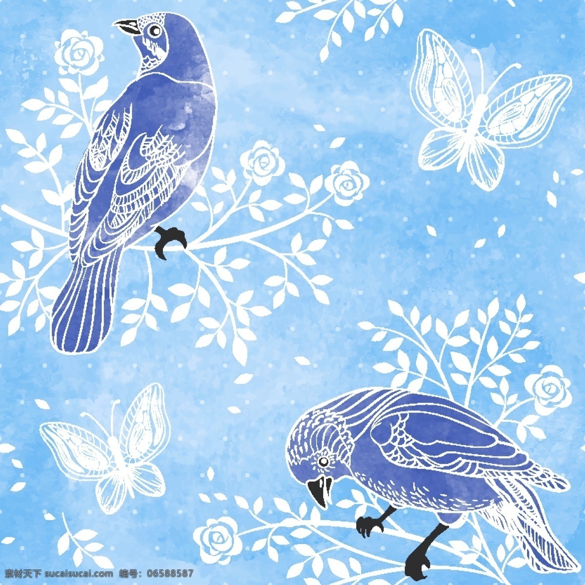 鸟儿 花卉 背景 花枝 枝头 蝴蝶 鸟儿花卉背景 鸟和花卉壁纸 空中飞鸟 底纹边框 矢量素材 青色 天蓝色
