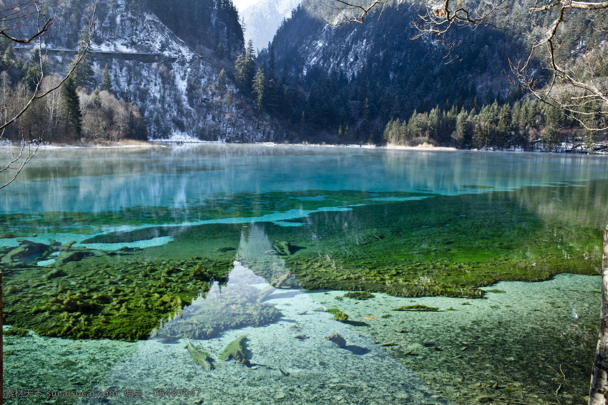 九寨沟 冬天 冬季 山水 湖面 远山 绿水 倒影 清澈见底 绿藻 旅游 变色 自然风景 旅游摄影